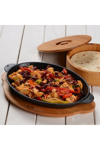Lava Döküm Oval Fajita Tavası. Kulplu ve Ahşap Altlıklı