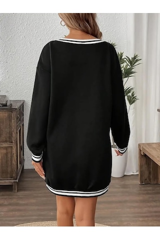 Kadın Uzun Kollu V Yakalı Şerit Detaylı Kısa Viskon Iki Iplik Elbise Siyah