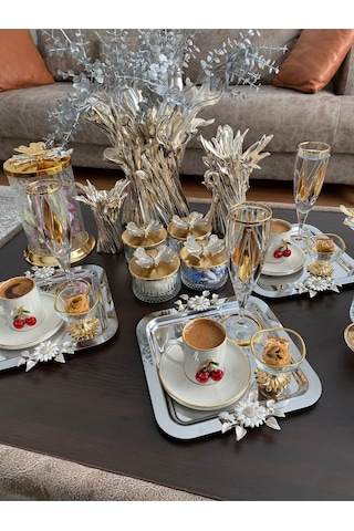 Atabey Home Collection 6'lı Kahve & Çay & Sunum Tepsisi Çelik Gümüş Tepsi Papatya Model