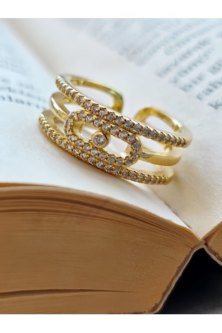 Ayarlanabilir Mess Model Zirkon Taşlı Gold Renk Çelik Yüzük Altın
