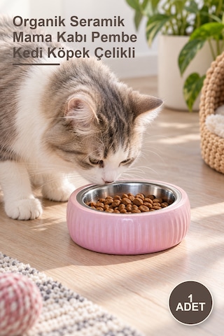 1 Adet Organik Seramik Mama Kabı Pembe Kedi Köpek Çelikli