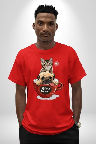 Kedi Ve Köpek Sonsuzadek Arkadaşız Pamuklu Bisiklet Yaka Unisex Oversize Boyfriend Dijital Baskılı Kırmızı T-shirt Kırmızı