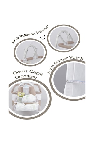 Chubby Baby İsme Özel Sallanır Beşik 5 CM Sünger Yataklı Organizerli Tüllü Cibinlikli Bebek Beşiği Bej