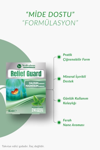 Relief Guard Çiğnenebilir Tablet Nane Aromalı Kalsiyum Karbonat Magnezyum Karbonat 24 Adet
