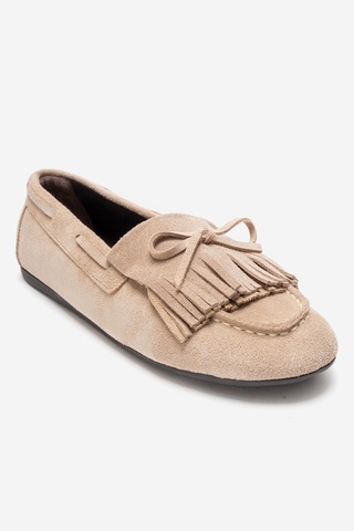 Luvishoes Axelı Bej Süet Hakiki Deri Fiyonklu Saçaklı Kadın Loafer Ayakkabı Bej