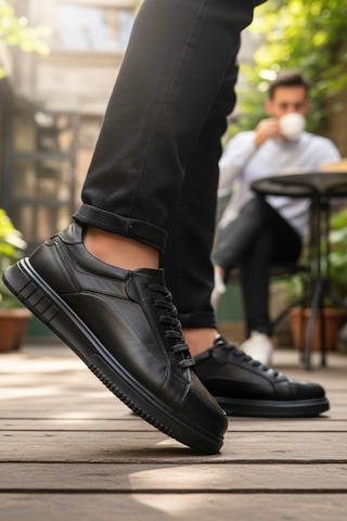 Enoch Hakiki Deri Bağcıklı Erkek Sneaker Ayakkabı Ortopedik Taban Siyah