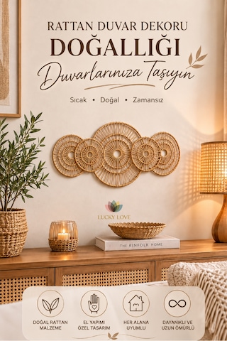 Rattan Duvar Dekoru 68x38 Cm Bohem Doğal Görünümlü El Yapımı Dekoratif Duvar Süsü 1