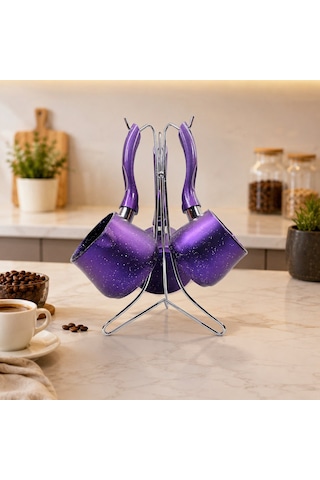 Go İthalat 4pcs 230-280-380ml Granit - Çelik Cezve Renkli Metal Standlı Asorti