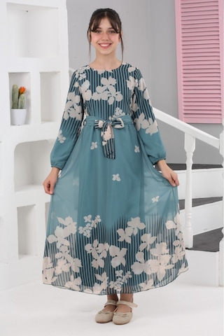 Kız Çocuk Astarlı Tam Boy Çiçek Desenli İç Göstermeyen Şık Ve Rahat Uzun Elbise Yeşil