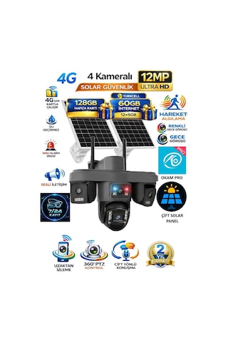 Ok335 12mp 4 Kameralı 4g Solar Güvenlik Kamerası Aov Gece Görüş 128gb Hafıza Kartı + 1 Yıl İnternet