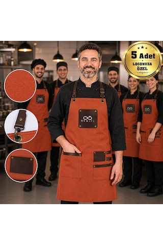 Logonuza Özel 5 Adet İstanbul Önlük Turuncu Renk Su İticili Kumaş - Vegan Deri Detaylı Profesyonel Önlük