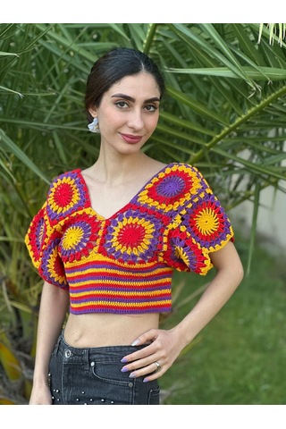 Gönülden Tasarım El Örgüsü Etnik Kadın Crop Bluz Turuncu