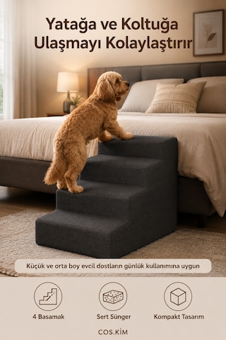 4 Basamaklı Kedi Köpek Merdiveni 54x40x40 Cm, Fermuarlı Yıkanabilir Kılıflı Sert Sünger