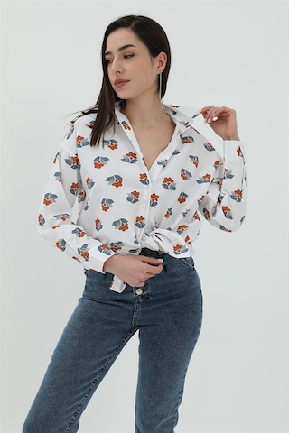 Çiçek Desen Kol Katlamalı Gömlek - Beyaz-beyaz Beyaz