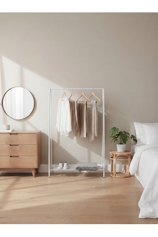 Telli Siyah Butik Elbise Askısı Ayaklı Askılık Konfeksiyon Askılık Beyaz