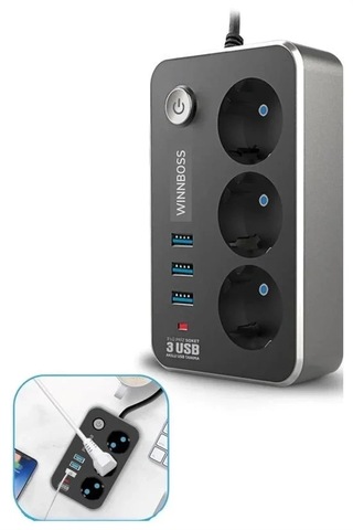 Isıya Dayanıklı Termal Akım Korumalı 2 Mt 10a 2500w 3lü Priz Ve 3 Usbi 2.1a Uzatma Kablosu 5468 Diğer