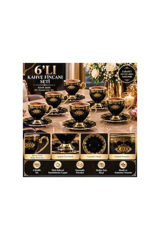 6 Lı Ayaklı Porselen Kahve Fincanı Takımı Siyah Gold Desenli Lüks 6 Kişilik Kahve Seti Siyah