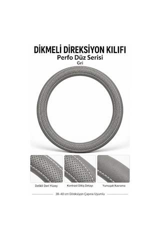 Trobus Peugeot Rifter 2024 Ve Sonrası Uyumlu Dikmeli Direksiyon Kılıfı Perfo Düz Delikli Deri Gri