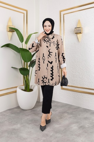 Hira Life Fashion Kadın Tesettür Giyim Ve Spor Giyime Uygun Düğme Detaylı Şık Desenli Dokuma Viskon Gömlek-tunik Bej Bej