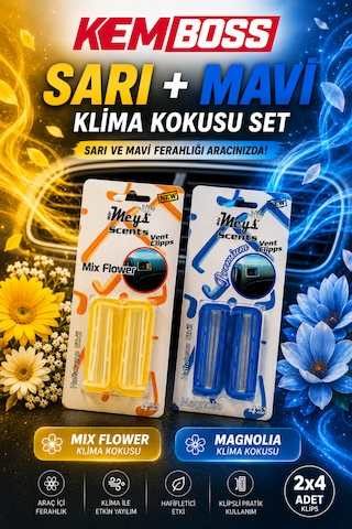Kemboss Sarı Mavi Araç Klima Kokusu 2'li Set Mix Flower & Magnolia Vent Clip Oto Kokusu Sarı - Mavi Set