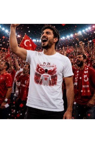 Bk Gift Kişiye Özel Türkiye Taraftar Temalı 2026 Dünya Kupası Tasarımlı Tişört-2, Tek Yürek Milli Takım Ruhu Beyaz