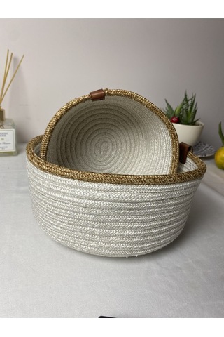 Beyaz Jüt 2li Yuvarlak Sepet Beyaz