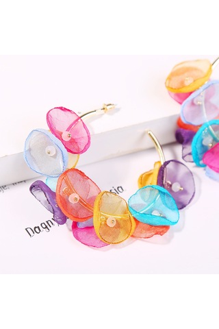 Kadınlar İçin Çiçek Kumaş Küpeler, Renkli Taze Daire Uzun Püskül Çok Renkli