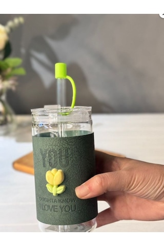 Minnoş 350ml Cam Pipetli Bardak Kapaklı Süet Kılıflı Soğuk Kahve Smoothie Sunum Bardağı B