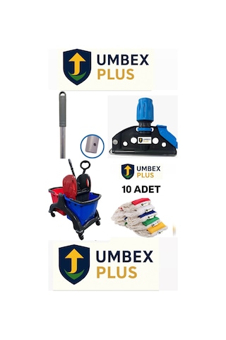 Umbex Çift Kovalı Plastik Temizlik Arabası Paspas Arabası Islak Mop Seti 10 Islak Mop