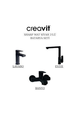 Creavit Sharp Lavabo Banyo Eviye Bataryası 3'lü Set SR1500S-SR2510S-SR8500S Siyah
