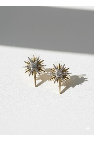 Zirkon Taşlı Çift Renk Kutup Yıldızı Küpe Işıltılı Şıklık Altın