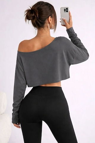Kadın Düşük Omuz Kayık Yaka Oversize Uzun Kollu Crop T-shirt Antrasit