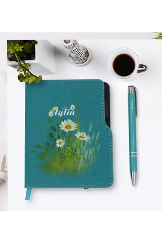 Kişiye Özel Papatya Temalı Turkuaz Termo Deri Defter Kalem Seti-1 N11.4155