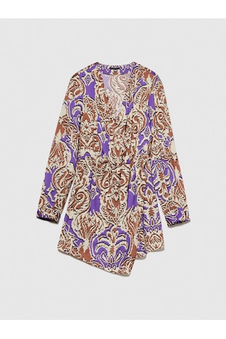 Sisley V Yaka Desenli Hafif Dökümlü Uzun Kollu Elbise Kadın Turuncu Elbise - 323a42welv04ı Mor