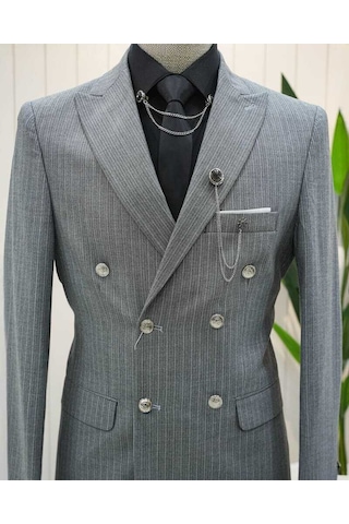 Beystil Sivri Yaka Gri Çizgili Kruvaze Takım Elbise Bezayak036- Slim Fit Gri