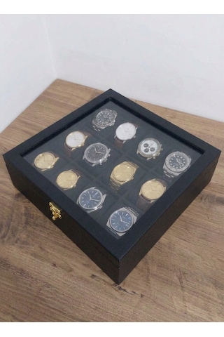 Deri Kaplamalı Ahşap Saat Kutusu 12 Bölmeli Cam Kapaklı Kol Saati Organizeri