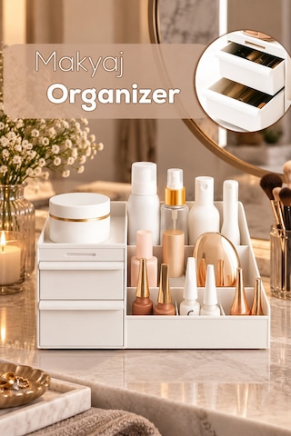 Porsima 5303 Çok Amaçlı Organizer 2 Çekmeceli Kozmetik Parfüm Krem Takı Makyaj Düzenleyici Beyaz
