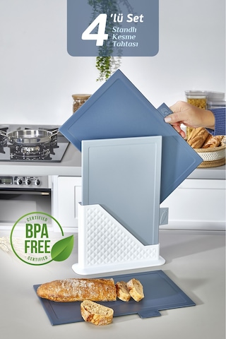 4'lü Tezgah Üstü Dikey Standlı Kesme Tahtası - Çoklu Doğrama Tahtası Ekmek Sebze Et Kesim Panosu Mavi