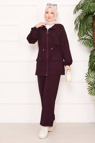 Butik Kadın Fermuarlı Cep Detaylı Tesettür Eşofman Takımı Bordo Bordo