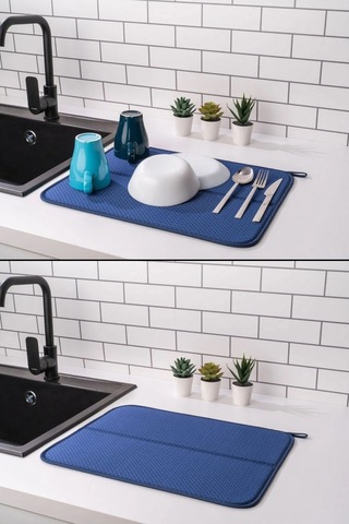 İronika Mikrofiber Bulaşık Kurutma Matı Süper Emici Bulaşık Kurutmalık Tezgah Üstü Kurutma Örtüsü 45x35 Cm Lacivert