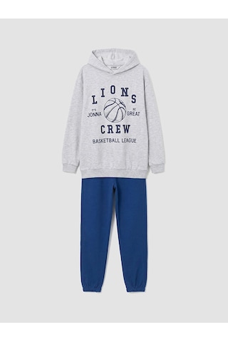 LC Waikiki Lcw Kids Gri Erkek Çocuk Kapüşonlu Baskılı Eşofman Takımı Lıght Grey Melan