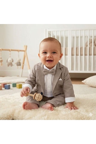Baby Kids Colors Flamlı Keten Salaş Ceketli Takım Elbise/gömlek Pantolon Ceket Papyon Ay Grubu Zıbınlı Kahverengi