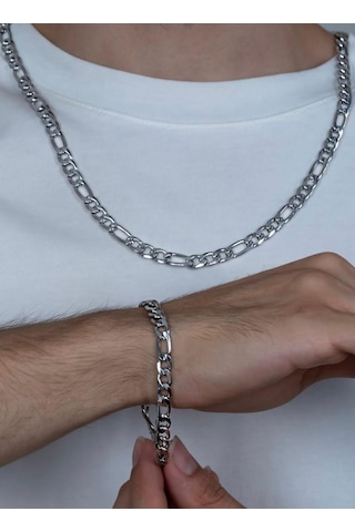 Saat Farkı Silver Figaro Model Çelik Unisex Kolye Ve Bileklik Set 2,5mm Silver