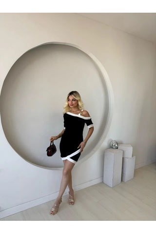 Valensdesign Kadın Kısa Kollu Asimetrik Kesim Yaka Şerit Ve Aksesuar Detaylı Modal Elbise Siyah