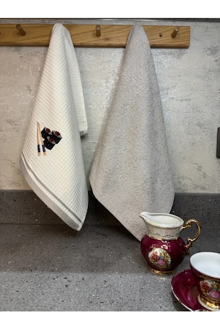 2 Li Mutfak Havlusu Seti - Açık Gri & Sushi Figürlü Kurulama Bezi - %100 Pamuk & 40x60 Cm Açık Gri
