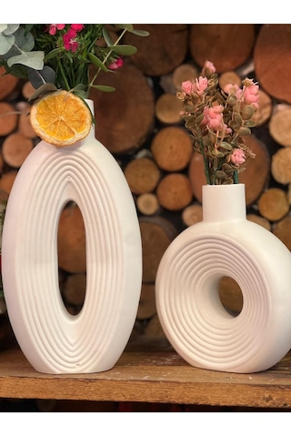 İkili Geometrik Şekilli Vazo , Dekoratif Obje Çiçekler Dahil Değildir