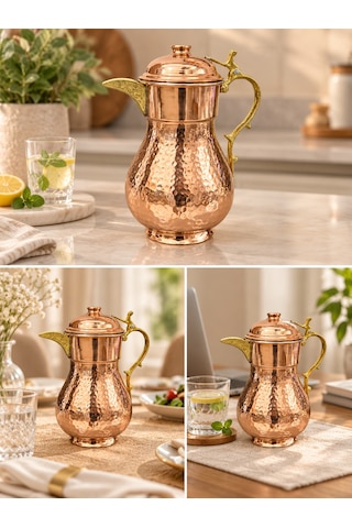 Aura Copper Kapaklı İçi Kalaylı 1 Mm Dövme Bakır Sürahi