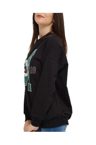 Siyah Mıckey Mouse Baskılı Cepli Bisikletyaka Oversize Sweatshirt