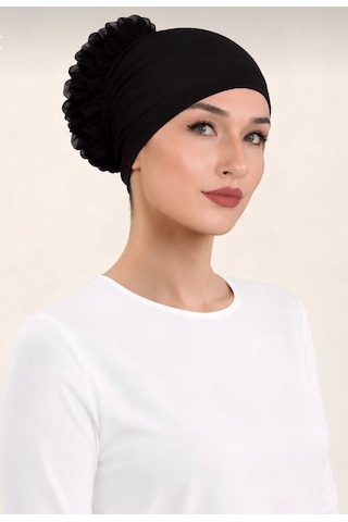 Ardün Hijab Siyah Pamuklu Önü Dikişli Fırfırlı Topuz Bonesi Nefes Alabilen Kumaş Siyah - 938071138 Siyah