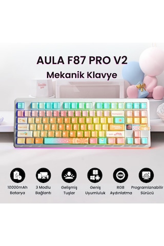 Aula F87 Pro V2 Mekanik Rgb Tkl Meteor Ice Cream Switch Kablosuz Makrolu Hot Swap Klavye Orange Juice